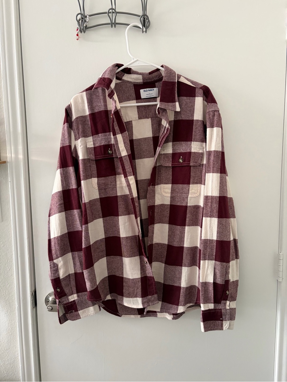 Old Navy Maroon and Cream Plaid Button-Down Shirt